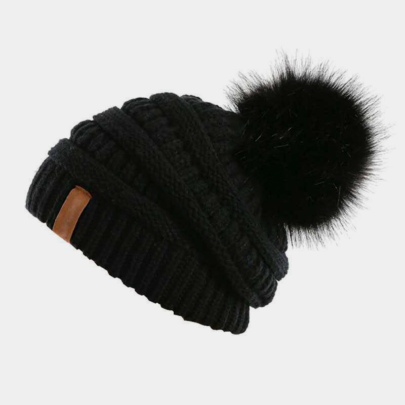 H00010 Chapéu de malha quente destacável de pele Pom