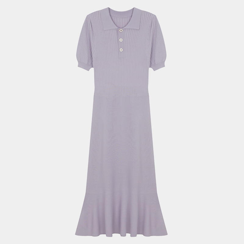 ML2242 Vestido de malha de manga curta com gola polo estendida e botão lateral único