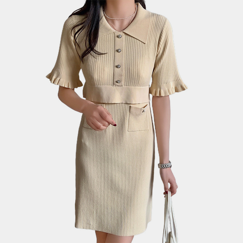 SM-K0027 Temperamento Pequena Fragrância Camisa Colarinho Mangas Voadoras Vestido de Malha Reta