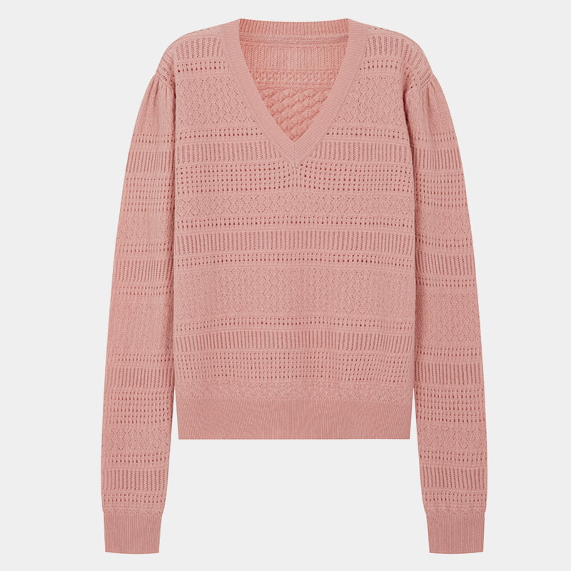 ML2202 Suéter de malha de malha com decote em V fino rosa de couro