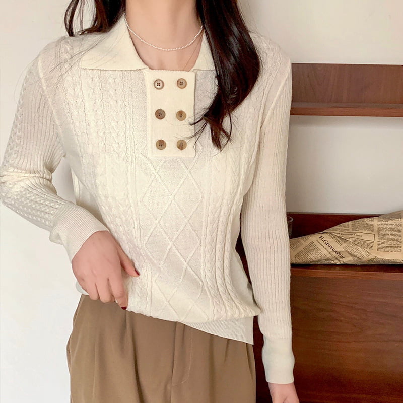 SM-K0026 Suéter de malha de manga comprida trespassado pequeno com lapela feminina SM-K0026 Suéter de malha de manga comprida trespassado pequeno com lapela feminina