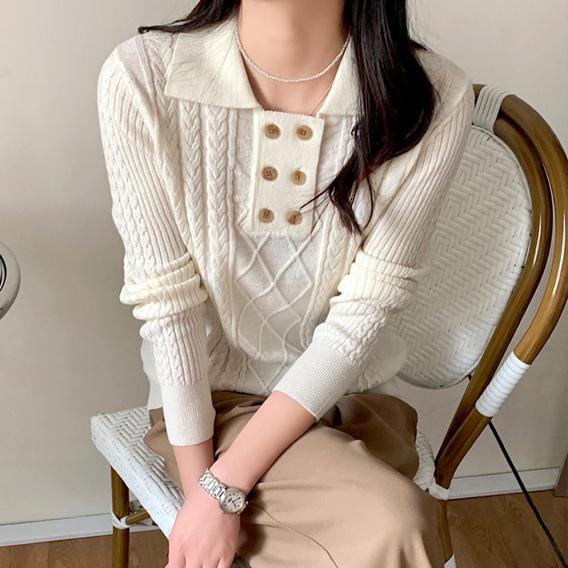SM-K0026 Suéter de malha de manga comprida trespassado pequeno com lapela feminina SM-K0026 Suéter de malha de manga comprida trespassado pequeno com lapela feminina
