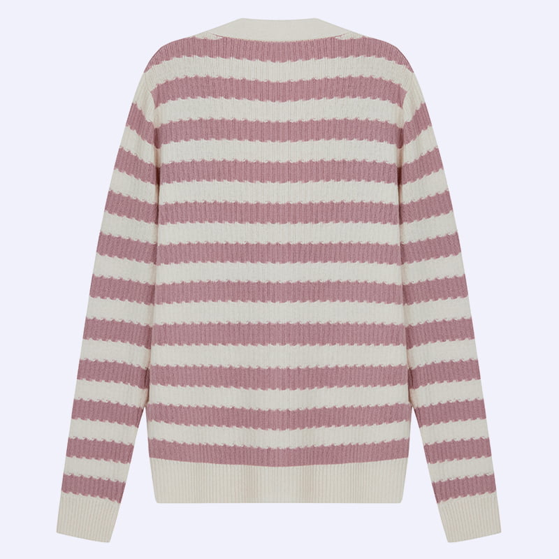 ML2204 Jaqueta suéter listrada rosa e branca com decote em V em malha ML2204 Jaqueta suéter listrada rosa e branca com decote em V em malha