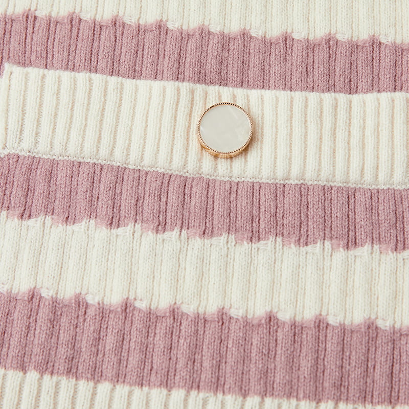 ML2204 Jaqueta suéter listrada rosa e branca com decote em V em malha ML2204 Jaqueta suéter listrada rosa e branca com decote em V em malha