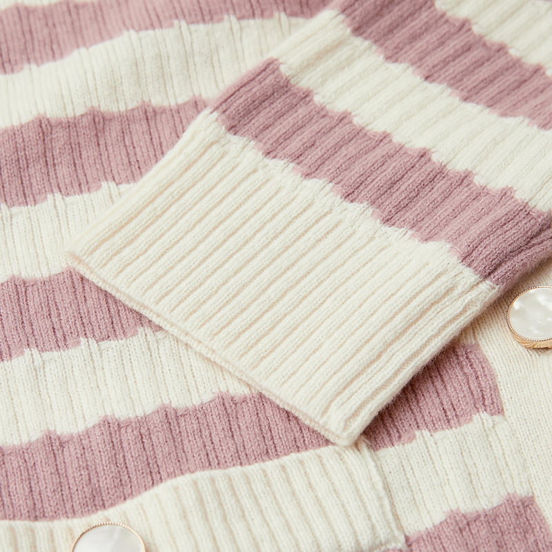 ML2204 Jaqueta suéter listrada rosa e branca com decote em V em malha ML2204 Jaqueta suéter listrada rosa e branca com decote em V em malha