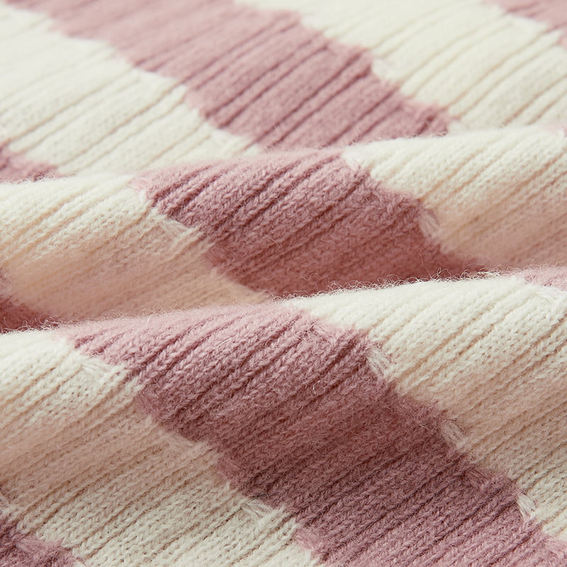 ML2204 Jaqueta suéter listrada rosa e branca com decote em V em malha ML2204 Jaqueta suéter listrada rosa e branca com decote em V em malha