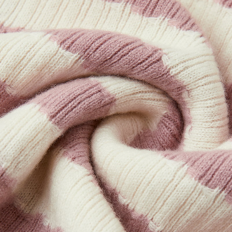 ML2204 Jaqueta suéter listrada rosa e branca com decote em V em malha ML2204 Jaqueta suéter listrada rosa e branca com decote em V em malha