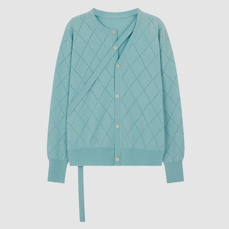 ML2212 Suéter Cardigan de Malha com Decote Oco em Diamante e Fita