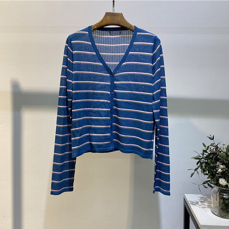 SM-K0001 Casacos femininos de verão Coreano Listrado Sun Block Cardigan de malha