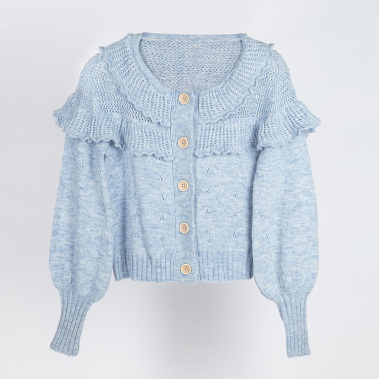 SM-K0007 Cardigan de malha Mohair com gola de renda multicamadas doce