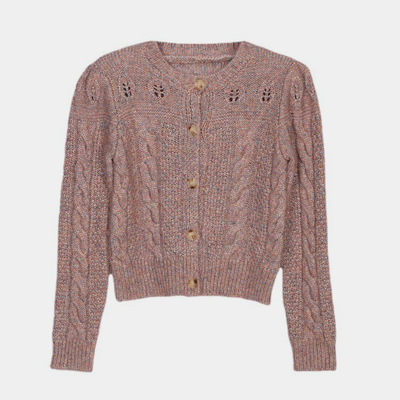 SM-K0006 Cardigan de malha de manga comprida solta de linho oco com peito único feminino