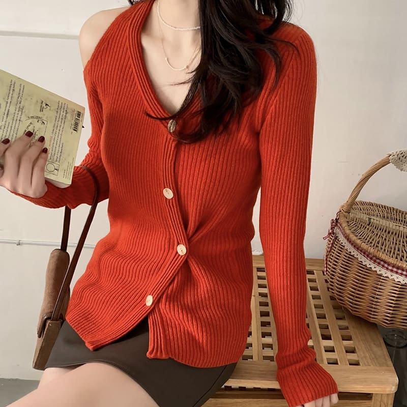 SM-K0022 Cardigã de malha de manga comprida com decote em V e ombros de fora, fino e com design de nicho SM-K0022 Cardigã de malha de manga comprida com decote em V e ombros de fora, fino e com design de nicho
