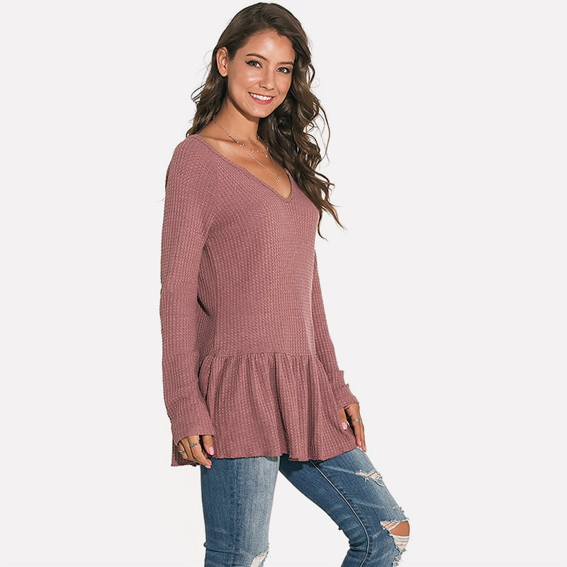 SM-K0096 Suéter casual de malha longa com babado e decote em V SM-K0096 Suéter casual de malha longa com babado e decote em V