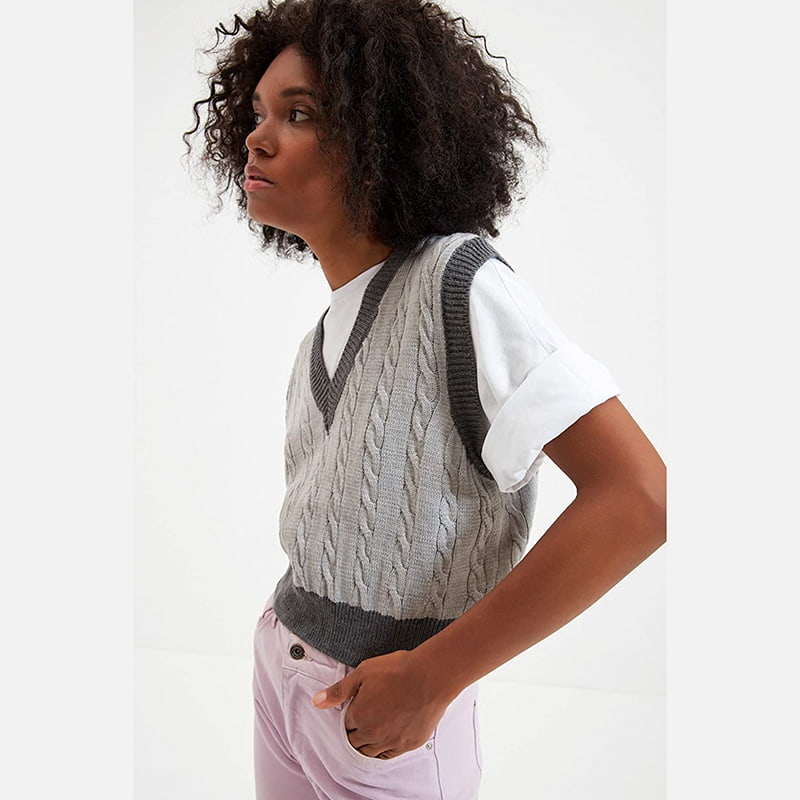 SM-K0100 Colete de malha com decote em V contrastante requintado SM-K0100 Colete de malha com decote em V contrastante requintado