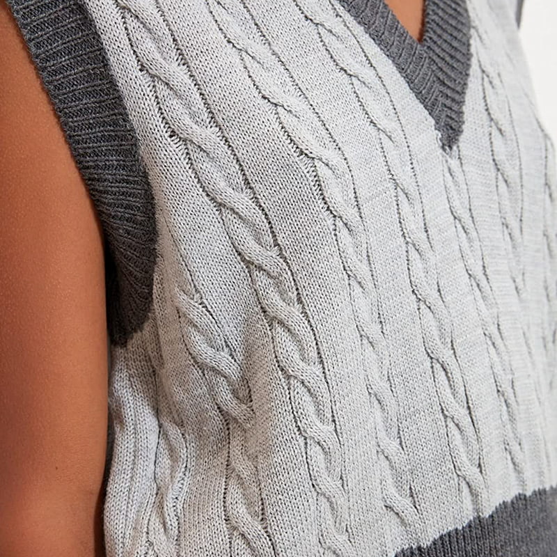 SM-K0100 Colete de malha com decote em V contrastante requintado SM-K0100 Colete de malha com decote em V contrastante requintado