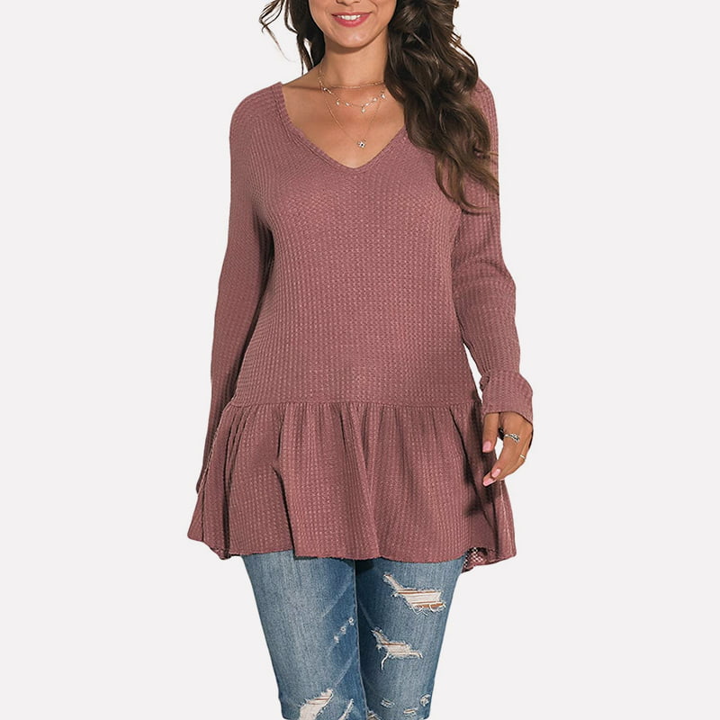 SM-K0096 Suéter casual de malha longa com babado e decote em V