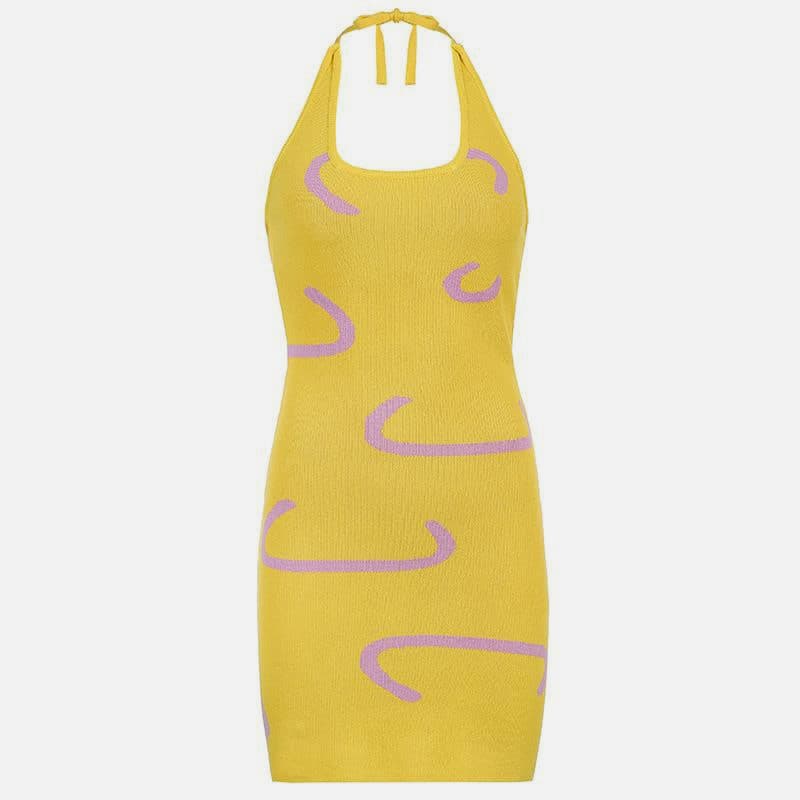 SM-K0087 Vestido curto de malha jacquard listrado colorido frente única sem mangas