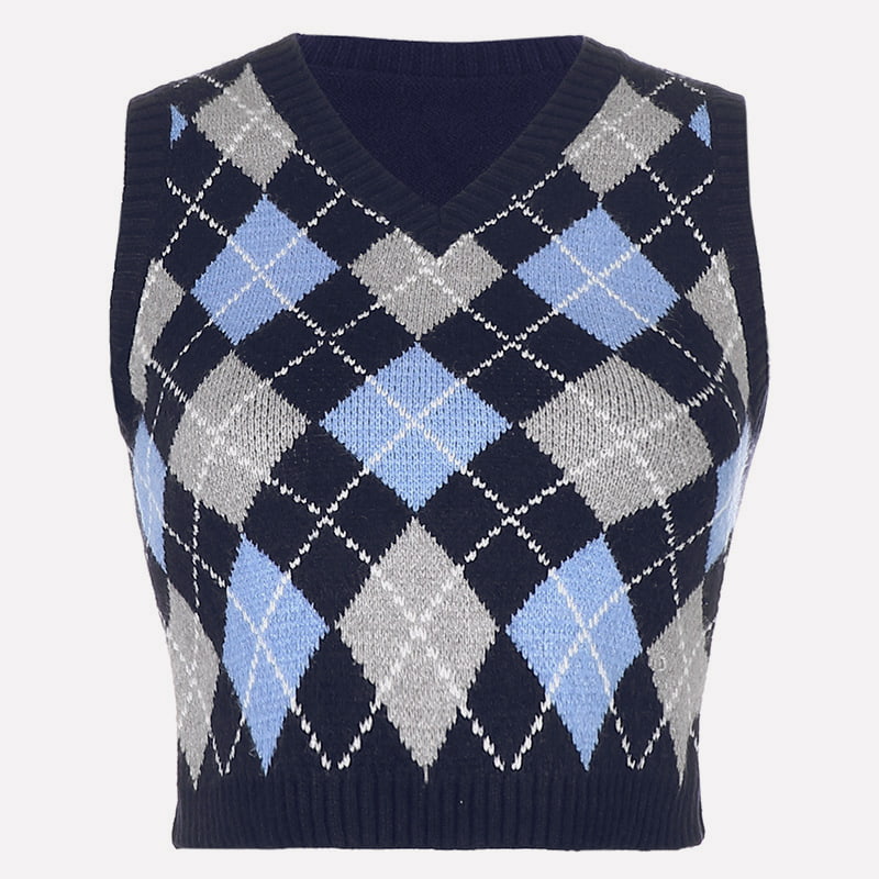 SM-K0058 Colete curto de malha com decote em V com padrão de verificação geométrica SM-K0058 Colete curto de malha com decote em V com padrão de verificação geométrica