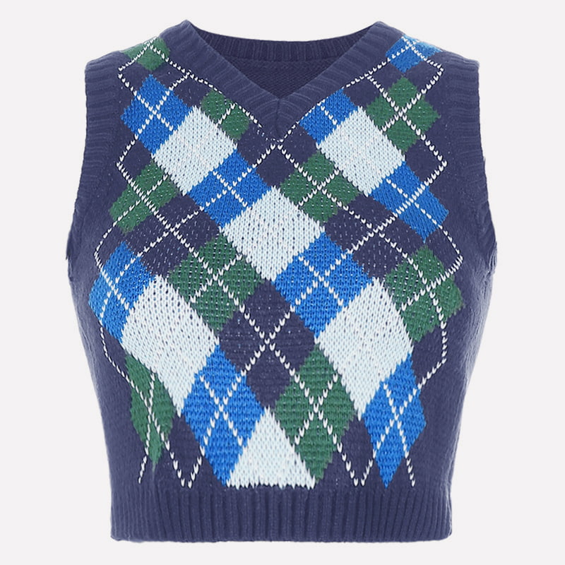 SM-K0058 Colete curto de malha com decote em V com padrão de verificação geométrica SM-K0058 Colete curto de malha com decote em V com padrão de verificação geométrica