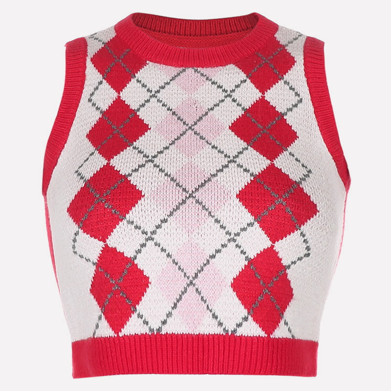 SM-K0058 Colete curto de malha com decote em V com padrão de verificação geométrica SM-K0058 Colete curto de malha com decote em V com padrão de verificação geométrica