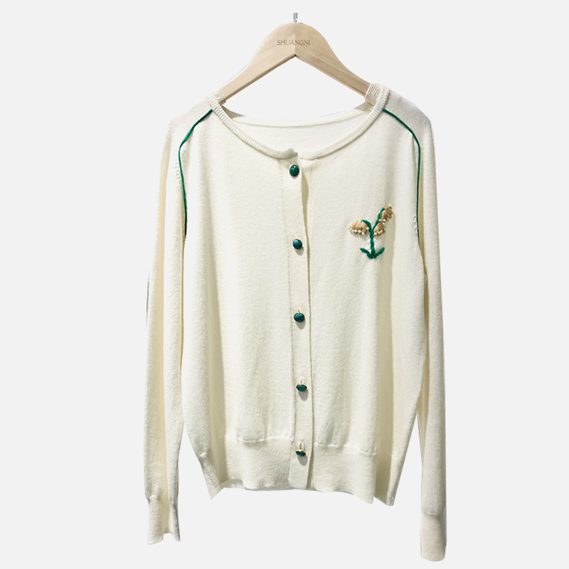 SNS076 Cardigã de malha com gola redonda branca e pequena flor amarela estilo universitário